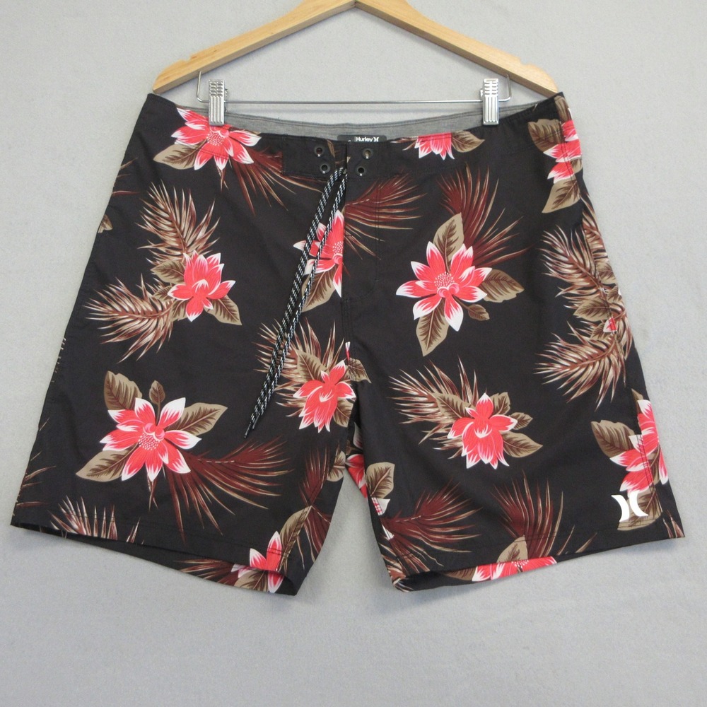 Hurley Board‎ Shorts Mens 36 Black Red Tropical Floral Print Palm Swim Surf